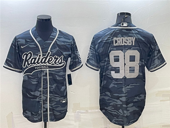 Men's Las Vegas Raiders #98 Maxx Crosby Gray Camo With Patch Cool Base Stitched Baseball Jersey